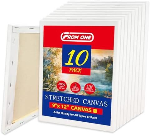 10-Pack 9x12 Stretched Canvas 100% Cotton Triple Primed for Acrylic & Oil | 100% cotton with natural husk, 5/8” Deep Frame, acid-free, no bleed, warp resistant, Ready to paint