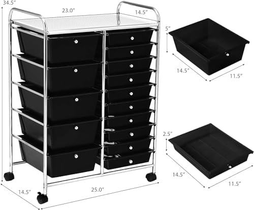 LDAILY 15 Drawer Rolling Storage Cart, Rolling Cart with Drawers for Classroom, Art Supply Craft Organizer on Wheel with Metal Frame & Handles for Home Office School