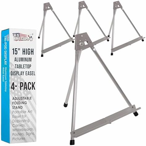 U.S. Art Supply 15" High Aluminum Tabletop Display Easel for Painting | 4-Pack, Adjustable Folding Stand, Portable Art Easel for Displaying Canvas, Whiteboards, Posters, Signs, Pictures, Paintings