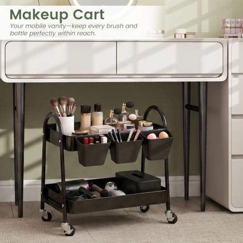 danpinera 2-Tier Rolling Cart, Utility Cart Mobile Metal Rolling Storage Cart with Lockable Wheels & Hanging Cups & Hooks for Kitchen, Bathroom, Office, Workshop, Purple