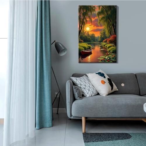 JOOZ Landscape Paint by Numbers Kit for Adults with Frame Sunset Paint by Number with Easel Boat Adult Paint by Number Kits Framed Canvas Boat Oil Painting Kits for Home Wall Decor 8x12 Inch
