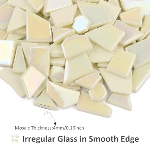 Youway Style Iridescent Cream Glass Mosaic Tiles for Crafs Bulk,200g Broken Stained Glass Pieces for Crafts DIY Mosaic Art Decor (Pack of 2)