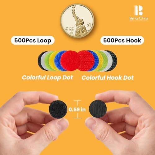 Self Adhesive Dots, Strong Adhesive 1000pcs (500 Pairs) 0.59" Diameter Sticky Back Nylon Dots, Hook & Loop Dots with Waterproof Sticky Glue Tapes, Suitable for Classroom, Office, Home (Multi-Color)