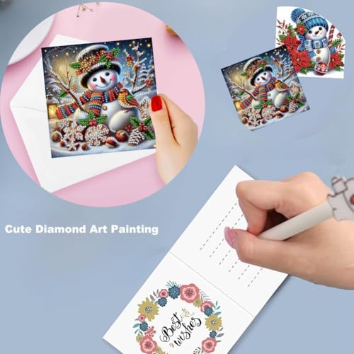 Zyvoreva 12 PCS Christmas Snowman Diamond Art Greeting Cards with Envelopes, Diamond Painting Greeting Cards Kit for Adults DIY Holiday (red)