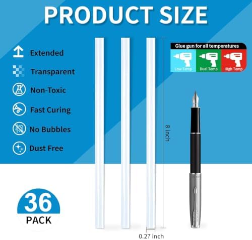 Phinus 36 Pack Mini Hot Glue Sticks, 8" Long x 0.27" Diameter Clear Glue Sticks for Glue Gun, EVA Clear Glue Gun Sticks, Hot Glue Gun Sticks for DIY Craft Sticky Projects & More