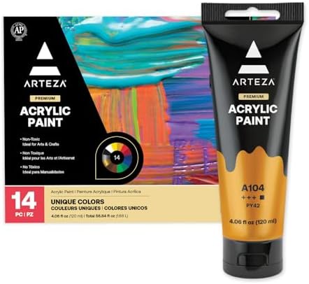 ARTEZA Acrylic Paint Set of 14 Colors, 4.06 Ounce Tubes, Non- Acrylic Artist Paints. Art Supplies for Painting