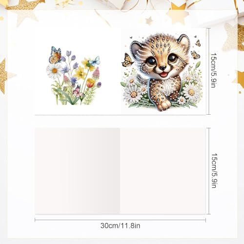 LazyFold 6 Pcs Diamond Art Painting Greeting Cards Kits, DIY Cute Leopard Handmade Festival Greeting Cards with Envelopes Diamond Art Crafts Birthday Cards Creative Gift