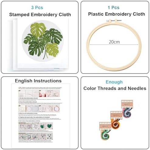 Konrisa Embroidery Kits for Adults Beginner, European Style Garden Plant Green Leaf Stamped Embroidery Starter Kit,DIY Sewing Practice, Needlepoint Cross Stitch Kit,Set of 3