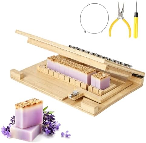 Wooden Soap Cutter,Multi Soap Cutter for Soap Making with Adjustable Stainless Steel Wires,Cuts 1-12 Uniform 1-Inch Bars with 10 Replacement Wires for Candles, Cheese, Butter, DIY Craft Supplies
