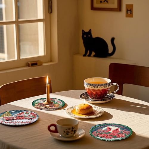 8 Pcs Christmas Diamond Art Painting Coasters Kits,Winter Snowman Coaster with Holder for Adults, Non-Slip DIY Dot Paint Craft Kits,5D Full Drill DIY Diamond Dot Gem Art Kit Home Decor Arts Craft