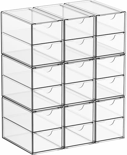 Yieach 9 Pack Small Acrylic Drawers With 18 Drawers,Clear Drawer Organizers Stackable,School,Office Supplies Organizer And Storage Bins for Stationery,Pen,Pencil,Craft,Glasses,Sunglass Organizer Case