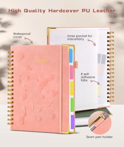 Hardcover Spiral Notebook journal with Removable Dividers Tabs, 300 Pages Leather 5 Subject Notebook College Ruled, 8"x10" Large B5 Notebooks for Work School Note taking, Lined Journal for Women,Pink