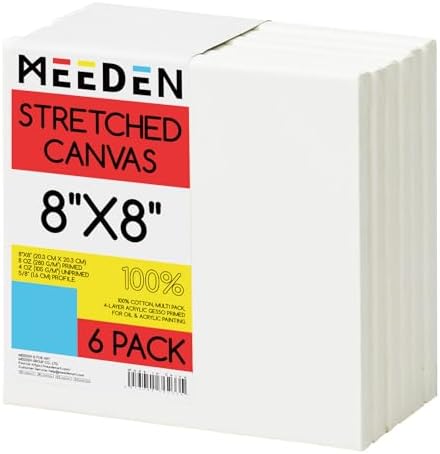MEEDEN Stretched Canvas, 8 × 8 Inch, Pack of 6, Blank White Canvases for Painting, 100% Cotton, 8 oz Gesso-Primed, Pre-Stretched Canvas for Acrylic Oil Pouring & Airbrushing Painting
