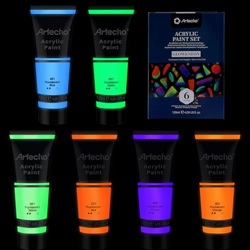 Artecho 6 Fluorescent Colors Acrylic Paint 120ml /4.05oz Tube | Semi Glossy Finish, High Pigment Rich Color Craft Paint for Canvas, Fabric, Non-Toxic