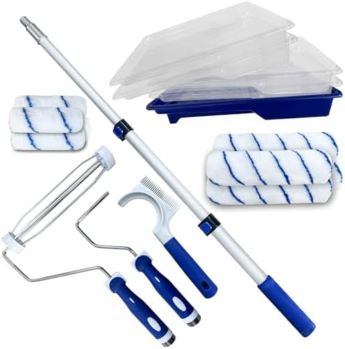 Paint Roller Kit 16PCS, 9&4 Inch Paint Roller with Adjustable 2-4FT Stainless Steel Extension Pole, Lint-Free Roller Covers, Paint Tray with 4 Liners, Roller Cleaner Tool, for Wall Ceiling Painting