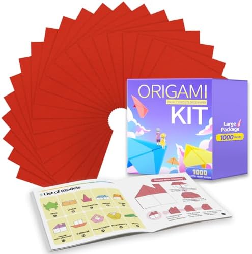 Praisebank Red Origami Paper, 1000pcs 6x6 inch, Double Sided Color, Origami Kit with Guide instruction for Crafts