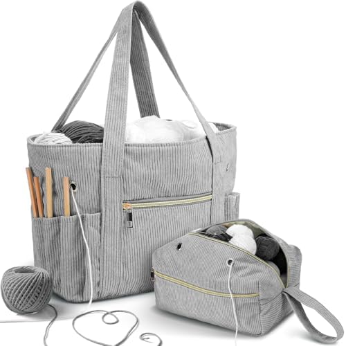 Bulyoou 2 Pcs Crochet Tote and Yarn Bag Set Corduroy Yarn Holder,Grey