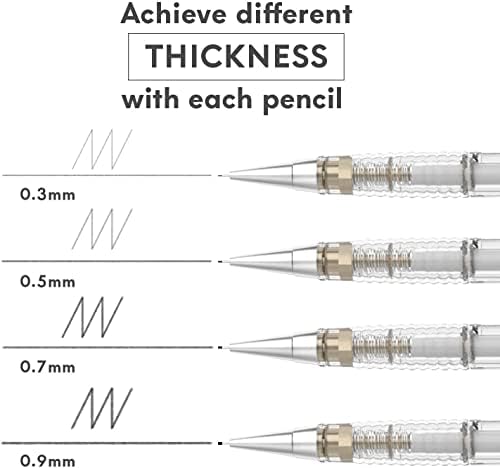 MozArt Mechanical Pencil Set 4 Sizes 0.3 0.5 0.7 0.9mm HB Lead Clear
