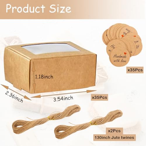 BZIDII 35Pcs Soap Boxes for Homemade Soap and tags,3.54 X 2.36 X 1.18 Inch Soap Boxes with Window,Bar Soap Packaging Kraft Box Supplies（Brown）