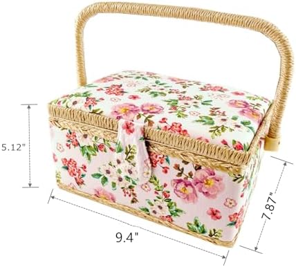 NROZIET Sewing Basket for Sewing Supplies, Wooden Sewing Kit Storage Box with Accessories, Vintage Sewing Kits Carrying Organizer with Handle for Embroidery, DIY Supplies, Beginner, Professional