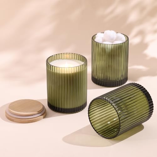 14OZ Olive Green Glass Candle Jars for Making Candles, 6 Pack - Empty Candle Jars Bulk with Bamboo Lids and Accessories, Ribbed Candle Vessels Containers for Candle Making