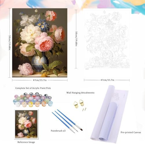Natuyalo Paint by Numbers for Adults - DIY Adult Paint by Number Kits Painting on Canvas Flowers in Vase Painting by Numbers for Beginners, Plant Art Craft Kits for Adults (16x20 Inch)