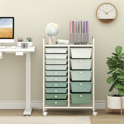 Giantex 15 Drawers Rolling Cart, Classroom Organizers, Storage Cart with Wheels, for Teacher Office Home School Supplies Tool Craft Art Paper, Green Gradient