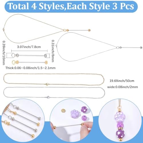 SUNNYCLUE 1 Box 6 Sets Beadable Necklace Pendant Beadable Bars Bulk Silver Gold Stainless Steel Metal Cable Chains Pendants for Jewelry Making Kits Women Adults Beading Crafts Supplies DIY Accessories