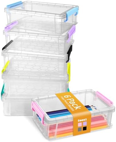 Sooez 6 Pack Extra Large Pencil Box, Plastic Pencil Case Crayon Box | Clear Marker Organizer Plastic Containers with Lid, Stackable Storage Boxes for Art Craft,Back to School Supplies, Multi