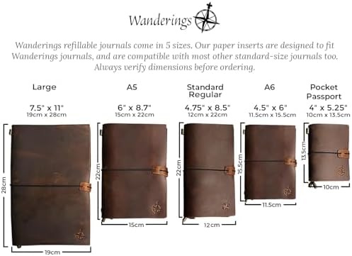 Wanderings Blank Passport Size Travelers Notebook Inserts | 3.5" x 5" (9 x 12.7cm) | 80 GSM Paper | 3 Hand-sewn Booklets / 180 Pages |Travelers Notebook Refills for Journals, Diaries, Planners