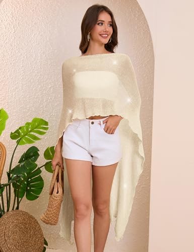 MAKABO Women's Crochet Sheer Poncho Top Lightweight Sparkly Shrug Pullover Knit Bolero Sweater Cover Up Beachwear
