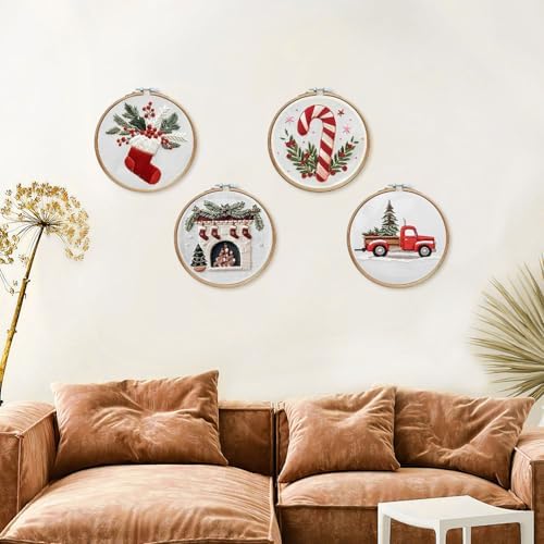 LB Christmas Embroidery Kit for Adults, 4Pc Christmas Embroidery Kits for Beginners with Red Truck, DIY Hand Cross Stitch Kit Holiday Gifts Ornaments Decorations
