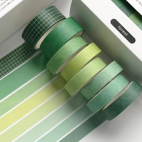 YUBBAEX 8 Rolls Basic Washi Tape Set Solid Color Grid Masking Decorative Tapes for Arts, DIY Crafts, Journals, Planners, Scrapbooking, Wrapping (Forest)