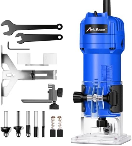 AVID POWER 630W 5.3 Amp Wood Router Tool with Fixed Base Compact Router for Woodworking, 35,000 RPM, 1/4” collet & 5 Trim Bits, Straight & Roller Guide, 2 Wrenches and Carbon Brushes - Blue