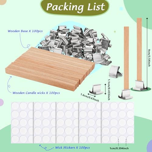 300pcs Wood Wicks for Candles Making,100pcs Wooden Candle Wicks and Base, Wick Stickers,for Soy Wax, Beeswax, Coconut Wax - DIY Candle Making Supplies for Beginners & Professionals