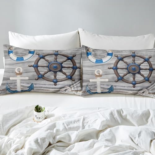 Manfei Nautical Style Sheet Set Anchor Rudder Rope Bedding Set Retro Wood Grain Print Bed Sheets Teens Room Decor Gray Blue (Full Flat & Fitted Sheet with 2 Pillow Case)
