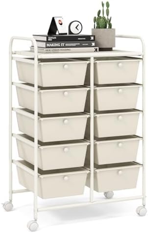 LDAILY 10 Drawer Rolling Cart, Storage Cart Organizer on Wheels, Drawer Cart with Metal Frame & Large Storage Capacity, Rolling Cart with Drawers for Living Room Classroom, Office