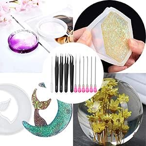 Moocci 11 Pcs Silicone Resin Mold Tools Set, Tweezers Jewelry Making Kit, Stirring Needle Spoon Tool, Anti-Static Stainless Steel ESD Tweezers Precision Set for DIY Epoxy Resin Casting Craft