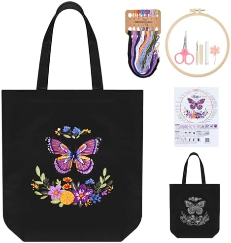 ERKOON Canvas Tote Bag Embroidery Kit for Beginners, Needlepoint Arts Crafts Cross Stitch Kits for Adults Including Stamped Embroidery Bag with Hoops, Needle, Instruction and Color Threads (Butterfly)