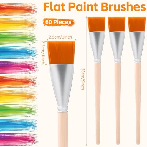 Crtiin 60 Bulk 1 Inch Flat Paint Brushes for Acrylic Painting (Wood Color)
