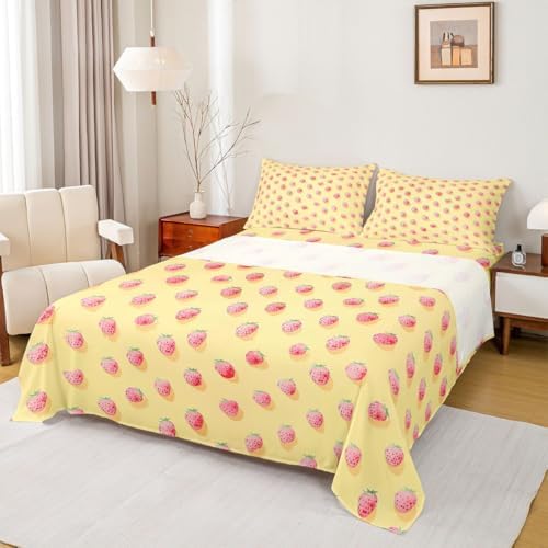 Cute Strawberry Pattern Bed Sheet Set King Size Pink Cute Fruit Theme Mattress Cover Rustic Warm Style Sheets for Boys Girls Bedroom Yellow with Flat,Fitted Sheet Pillowcase 4Pcs