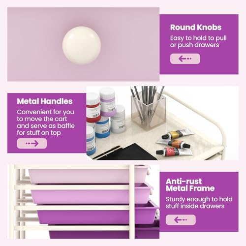 LDAILY 12 Drawer Rolling Storage Cart, Craft Cart Organizer on Wheels with Metal Frame, Large Capacity & Smooth Drawers for Living Room, Classroom, Office (Gradient Purple)