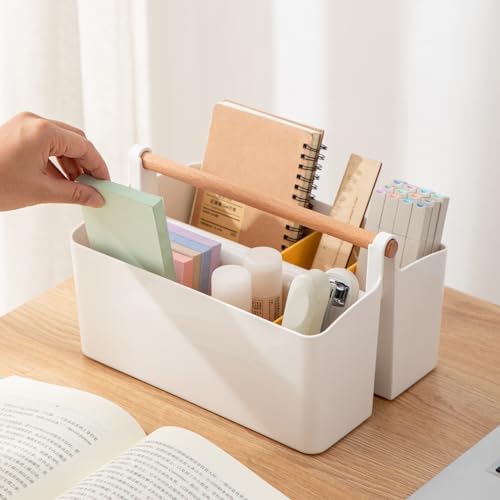 Vidifor Large Portable Caddy Tote with Handle, Plastic Craft Storage Organizer Basket with Adjustable Divided for Art Supplies, Sewing, Colored Pencils, Makeup-Yellow