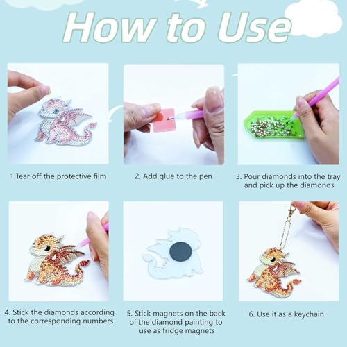 Bulerrylulu 9 Pcs Dragon Diamond Painting Magnets Kits Fridge Magnet Stickers Diamond Art Painting Keychains Gem Painting kit for Beginners Adults DIY Art Craft Gifts Home Decors