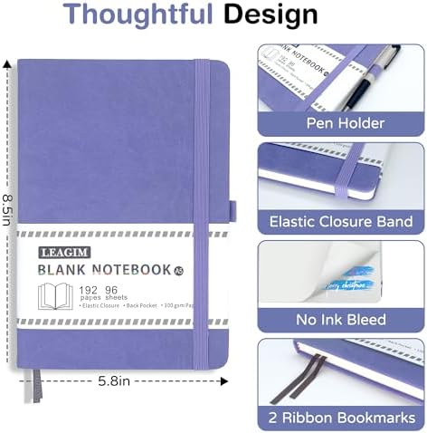 Blank Journal Notebook, A5, 192 Pages 100 GSM Thick Sketch Book for Women Men, Hardcover Leather Unlined Journaling for Work, Notebooks for Writing, 5.8 inches x 8.5 inches (Purple)