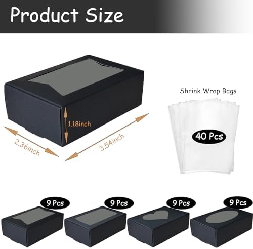 BZIDII 36Pcs Soap Boxes for Homemade Soap and 40pcs Shrink Bags,3.54 X 2.36 X 1.18 Inch Soap Boxes with Window,Bar Soap Packaging Kraft Boxes Supplies（Black）