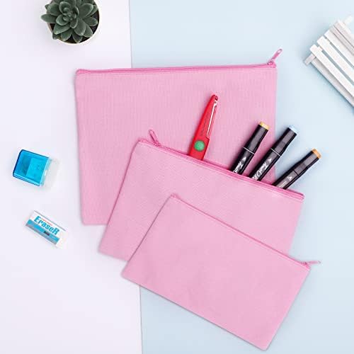 12 Pieces Cotton Canvas Makeup Bag, Multipurpose Cosmetic Bag with Zipper Travel Toiletry Pouch, Blank DIY Craft Bag (Pink, XL)