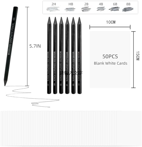 LIVHOLIC Woodless Graphite Drawing Pencils Set,6 Black Lead Pre-Sharpened 2H HB, 2B, 4B, 6B 8B Degrees Coloring Pencils, 50PK Blank Watercolor Card for Sketching,Writing,Shading