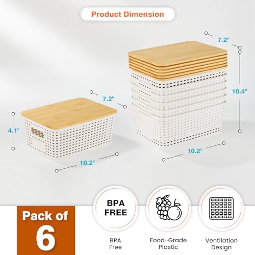 Ohmlove 6 Pack Plastic Storage Baskets with Bamboo Lids for Organization
