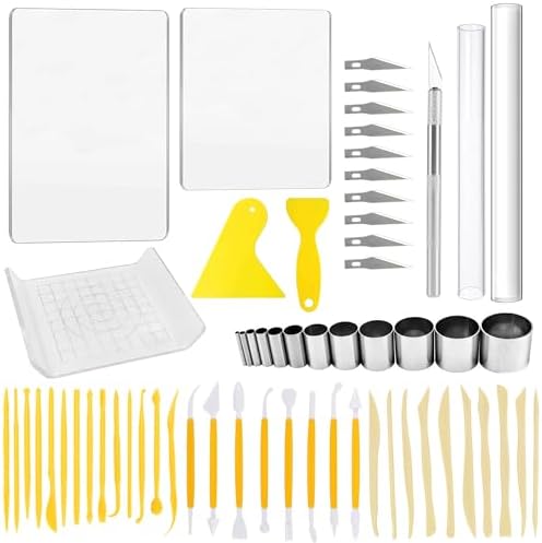 Yayatty Polymer Clay Tools, Acrylic Clay Roller, Acrylic Sheet, Rotary Cutting Mat, Round Polymer Clay Cutters with Clay Slicer Blade for Pottery and Sculpture (62 PCS)